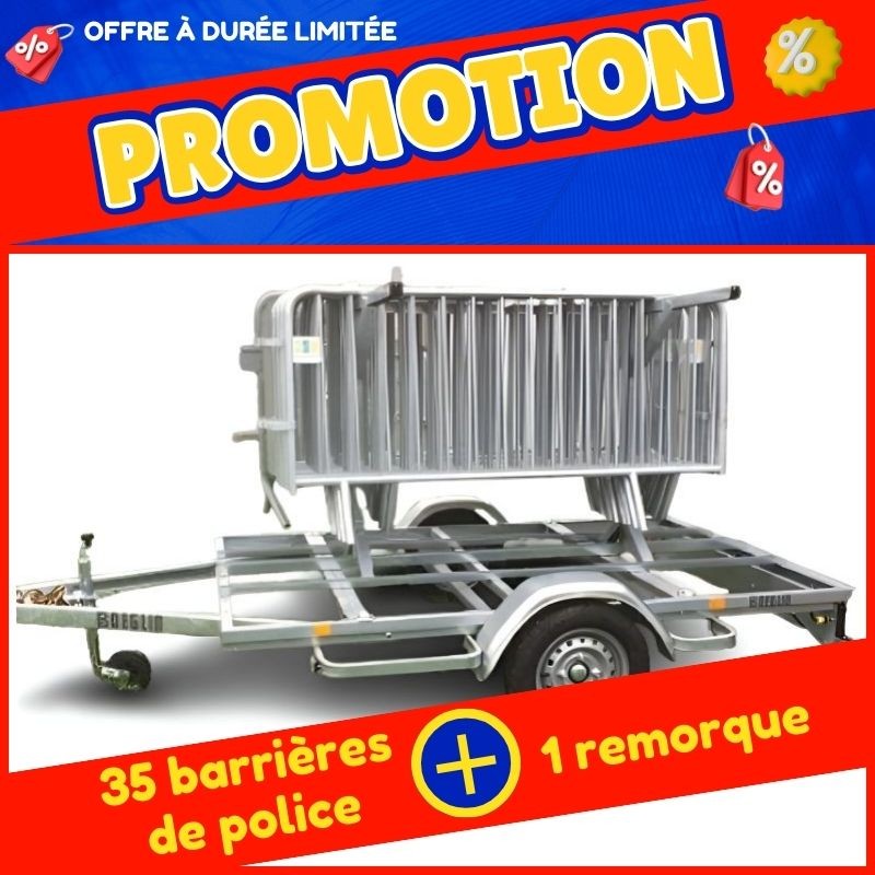 Lot de 35 barrières police + remorque porte barrière